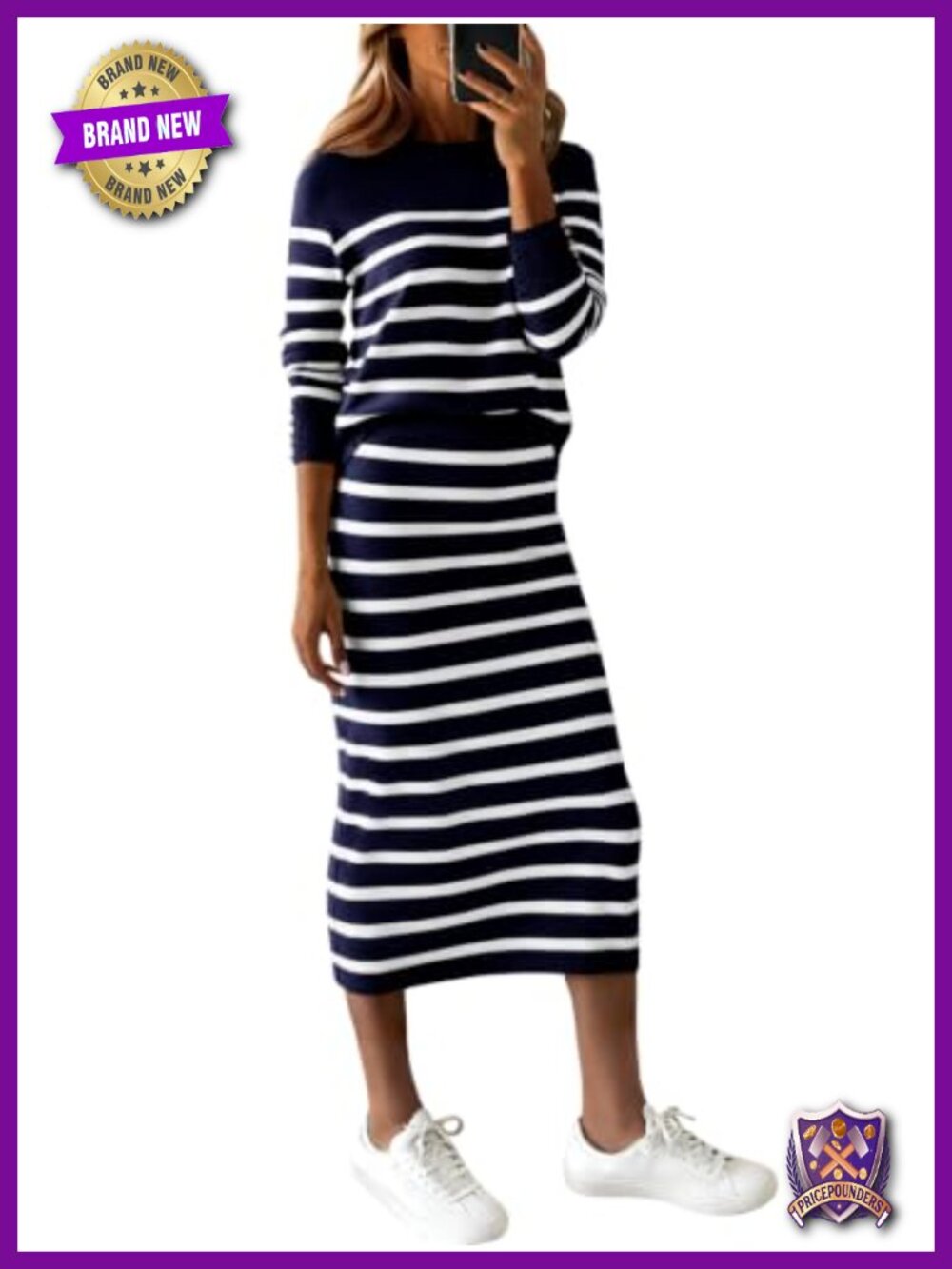 Knit Striped Two Piece Skirt Set Long Sleeve Sweater Top Casual Travel Outfit